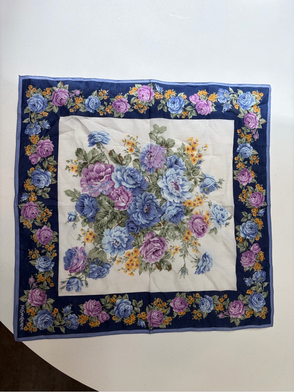 Saint Laurent Floral Square Scarf — Navy, Lavender, Blue